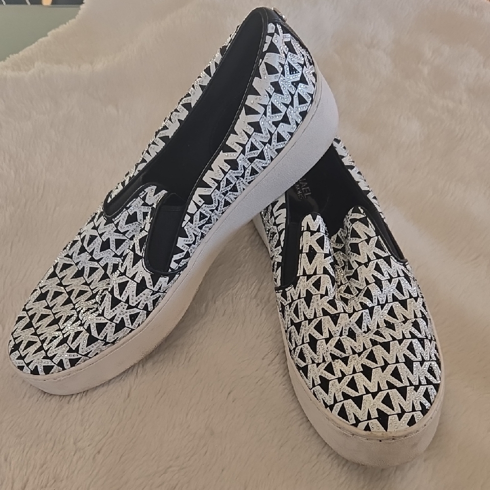 Michael Kors Black & Silver MK Logo Slip-On Mules